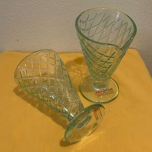 2 Amici Home green glass waffle cone dessert glasses/cups.